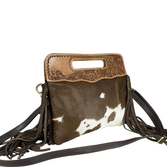 Leather Hand-Tooled Hair-on Fringe Bag with with Free Gift, Bifold Black Wallet - Picture 6 of 11